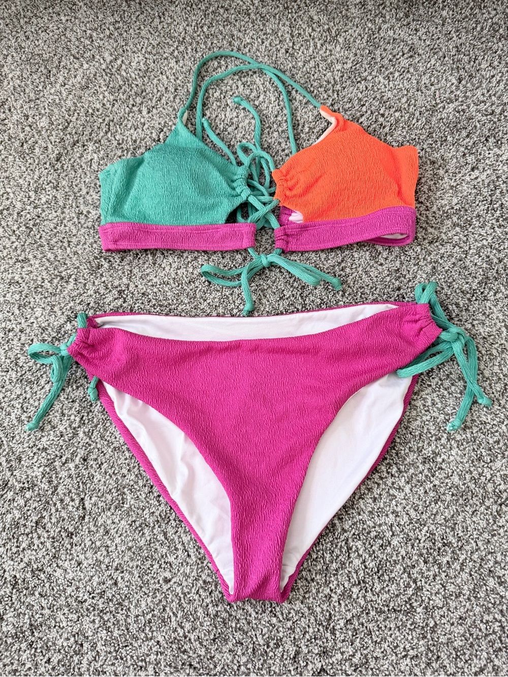 Colorblock Pink, Teal & Orange Lace-Up Bikini Set - Picture 1 of 4